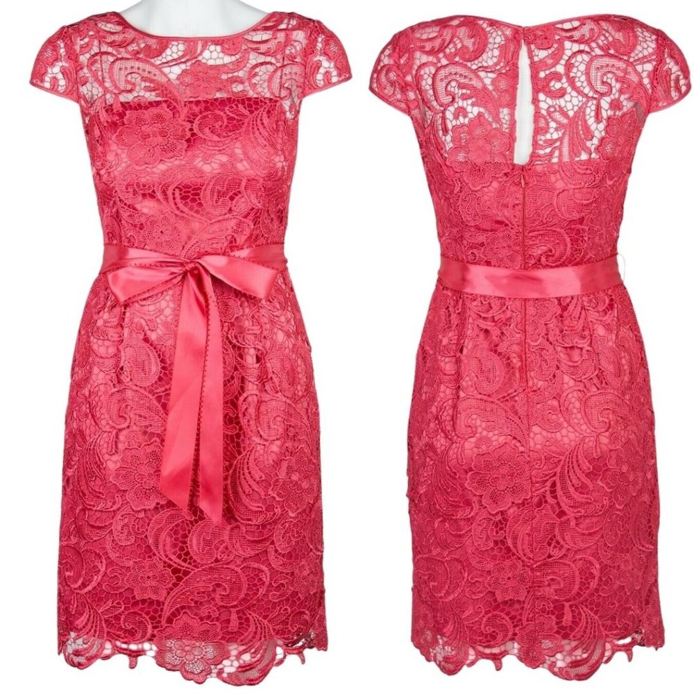 NWT {Adrianna Papell} Coral Lace Cap-Sleeve Illusion Sheath Dress